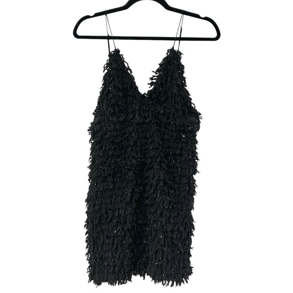 For Love & Lemons Kamara Mini Dress Sz M Black Metallic Shaggy Tie Back Dress - Picture 2 of 9